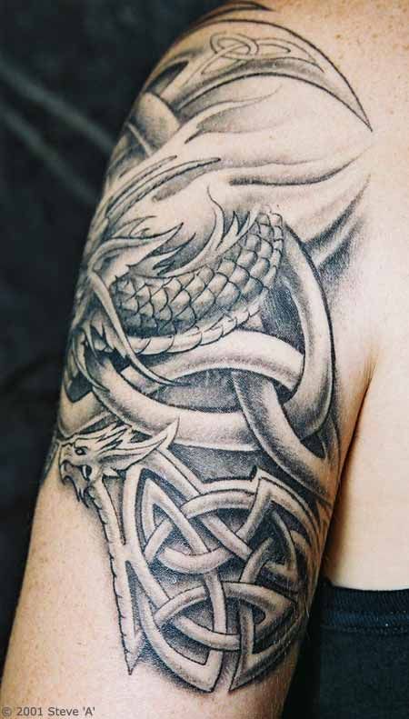 Awesome Black Ink Celtic Dragon Tattoo On Left Half Sleeve