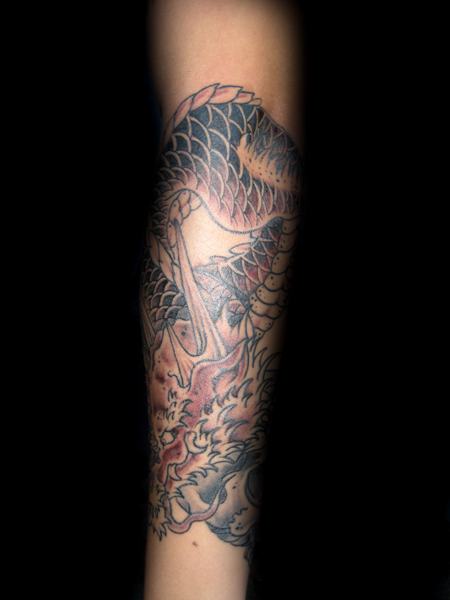 Awesome Black Ink Dragon Tattoo Design For Forearm