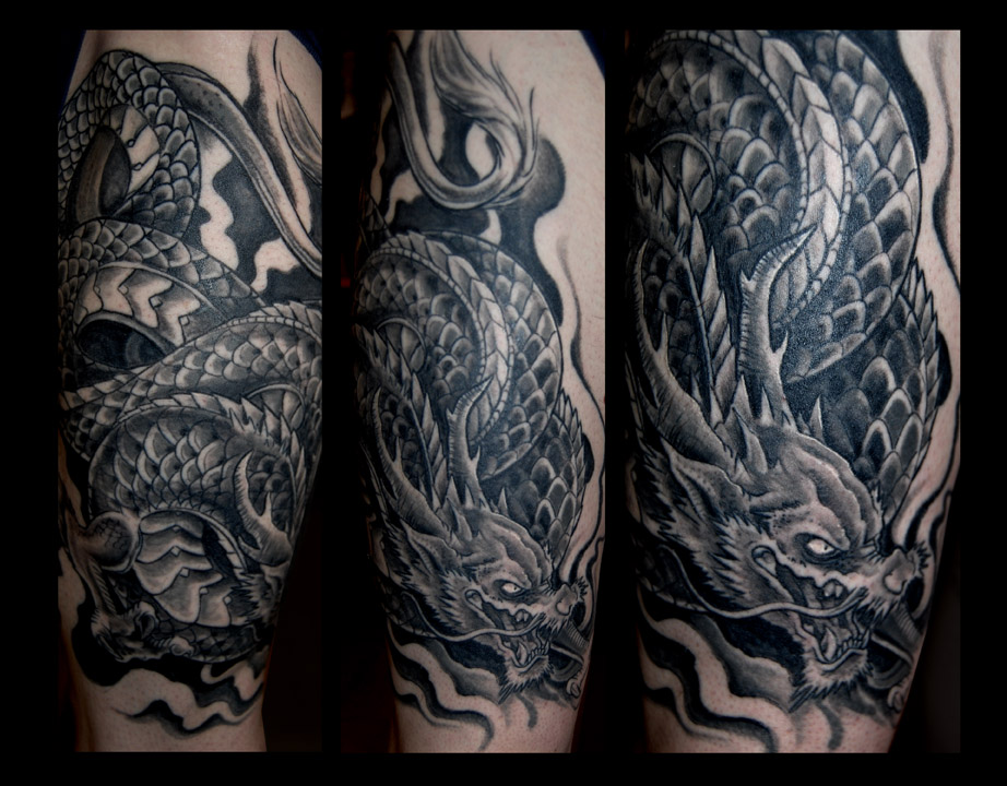 Awesome Black Ink Dragon Tattoo Design For Leg