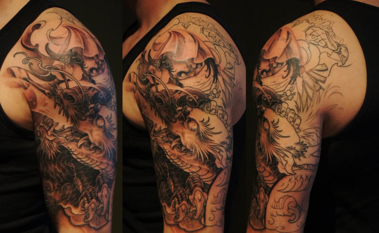 Awesome Black Ink Dragon Tattoo On Left Half Sleeve