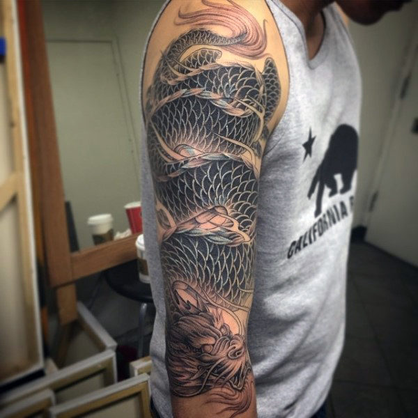 Awesome Black Ink Dragon Tattoo On Man Right Full Sleeve