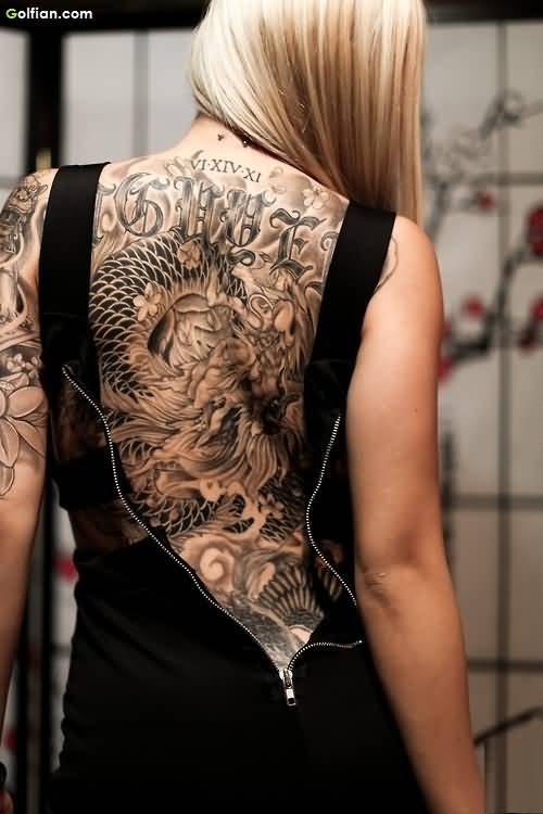Awesome Black Ink Dragon Tattoo On Women Full Back