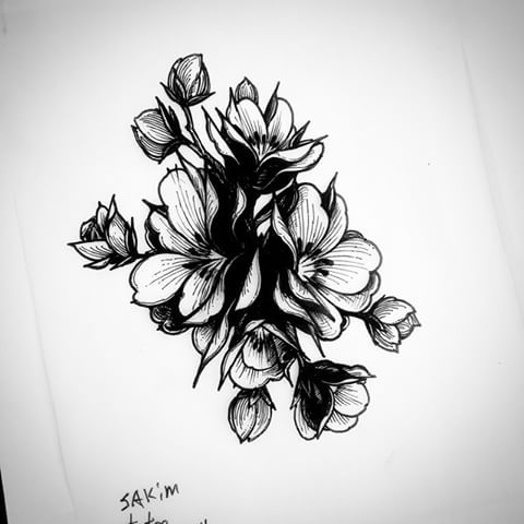 Awesome Black Ink Geranium Flowers Tattoo Design