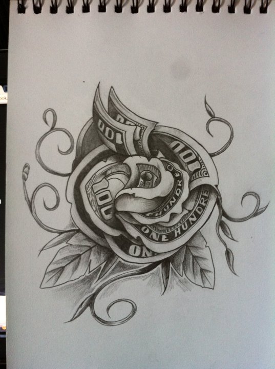 Awesome Black Ink Money Rose Tattoo Design By Martie13