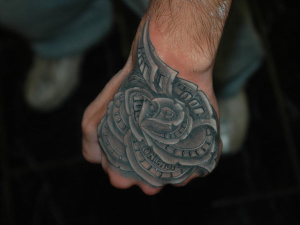 Awesome Black Ink Money Rose Tattoo On Left Hand