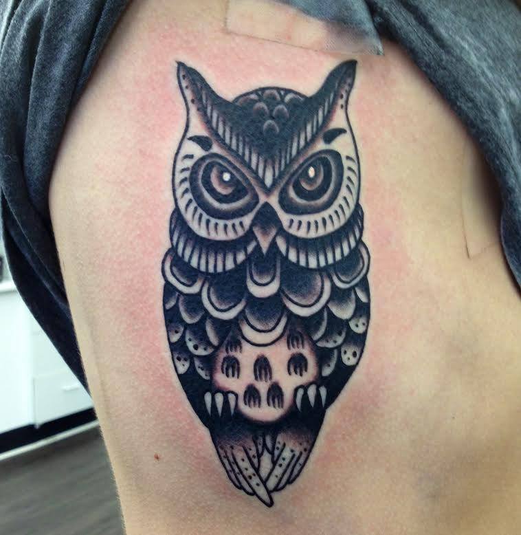 Awesome Black Ink Owl Tattoo Design For Side Rib