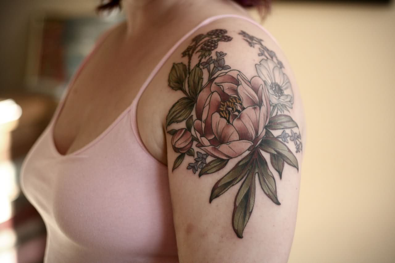 Awesome Black Ink Peony Flowers Tattoo On Women Left Shoulder