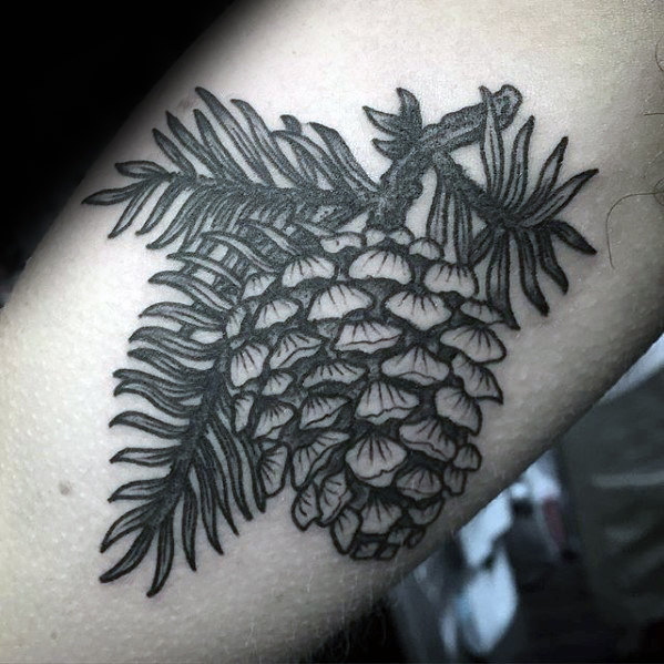 Awesome Black Ink Pine Cone Tattoo Design For Half Sleeve