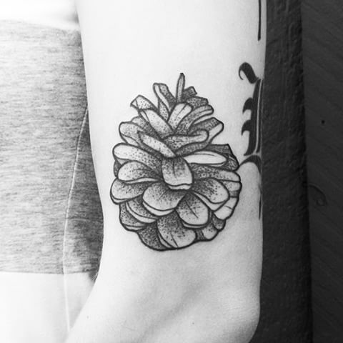 Awesome Black Ink Pine Cone Tattoo On Left Half Sleeve