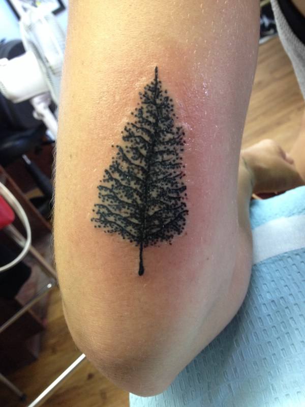 Awesome Black Ink Pine Tree Tattoo On Left Half Sleeve