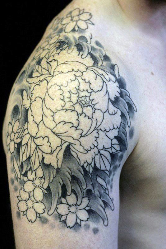 Awesome Black Outline Peony Flower Tattoo On Right Shoulder