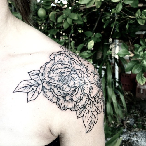 Awesome Black Outline Peony Flowers Tattoo On Left Shoulder
