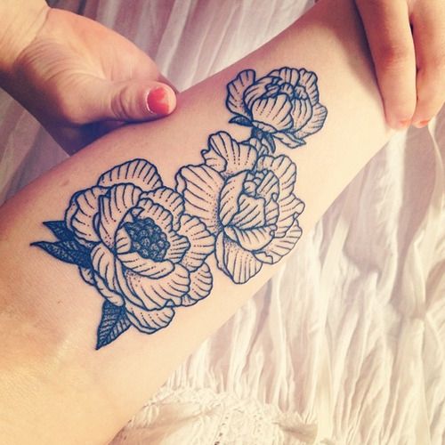 Awesome Black Outline Two Peony Flowers Tattoo Design For Forearm