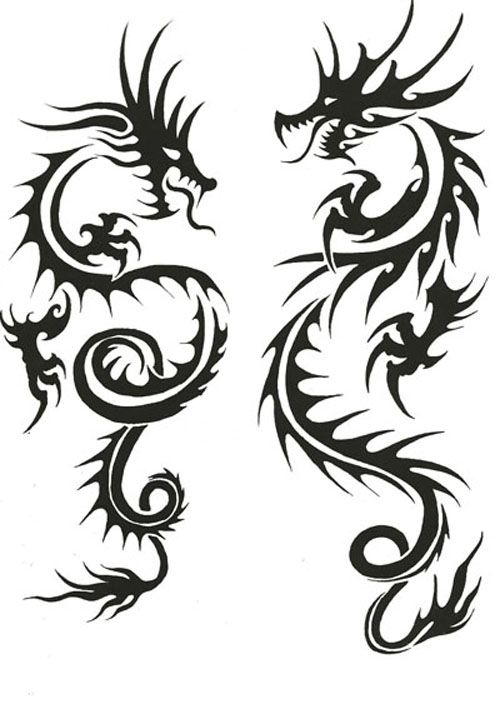 Awesome Black Tribal Two Dragons Tattoo Stencil