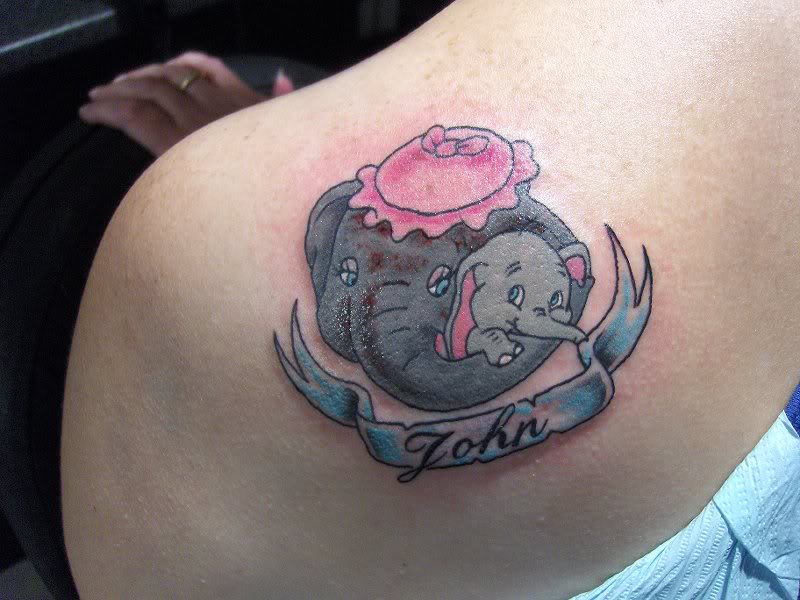 Awesome Colorful Dumbo With Mother Tattoo On Left Back Shoulder