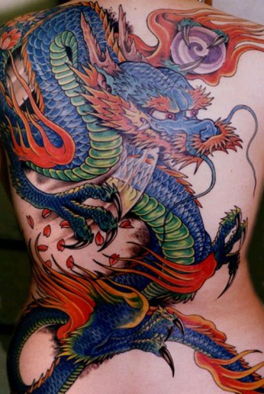 Awesome Colorful Traditional Dragon Tattoo On Full Back