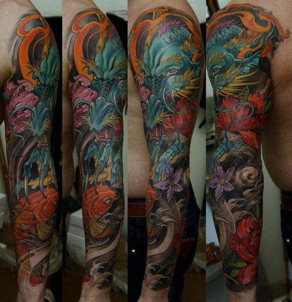 Awesome Colorful Traditional Dragon Tattoo On Man Left Full Sleeve