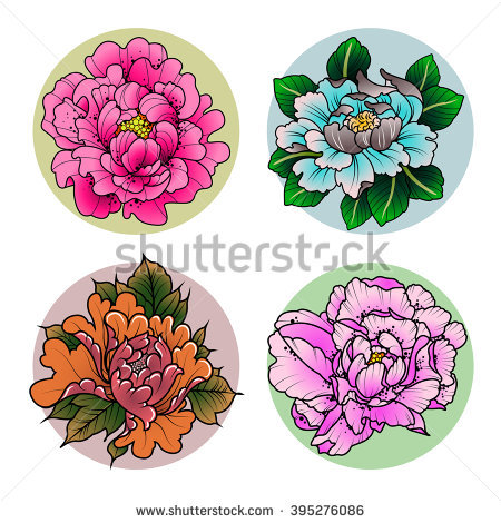 Awesome Colorful Traditional Peony Flowers Tattoo Design