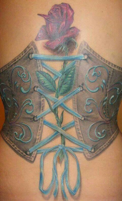 Awesome Corset With Rose Tattoo On Full Back