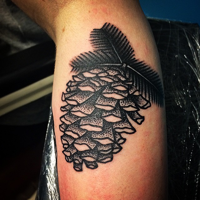 Awesome Dotwork Pine Cone Tattoo On Left Arm