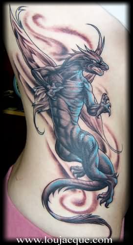 Awesome Flying Dragon Tattoo On Girl Right Side Rib