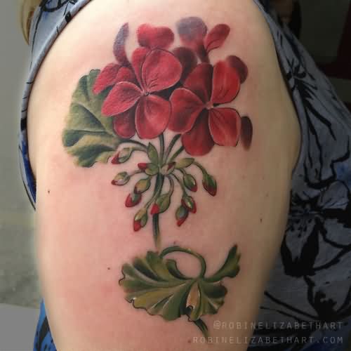 Awesome Geranium Flower Tattoo On Right Shoulder