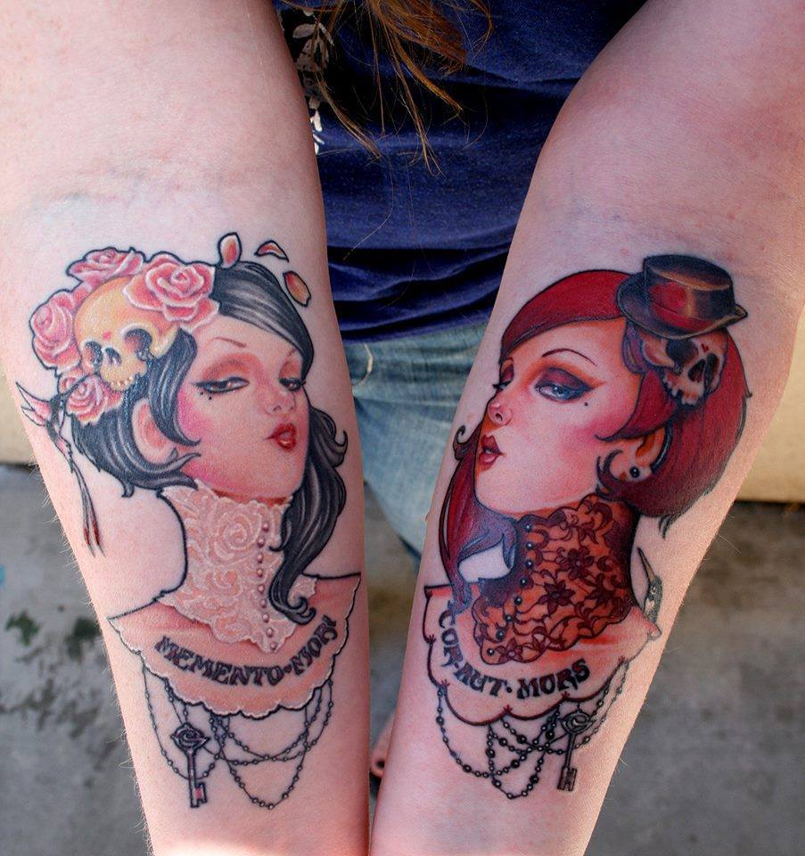 Awesome Girl Face Tattoo On Both Forearm