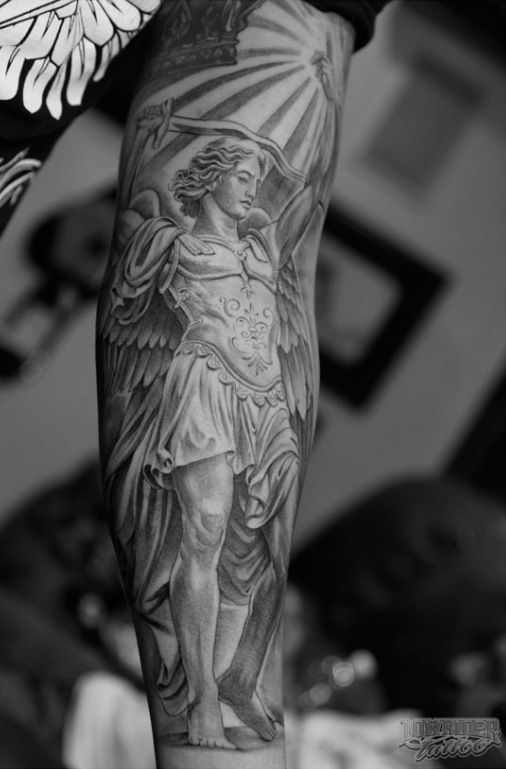 Awesome Grey Ink Archangel Michael Tattoo On Sleeve