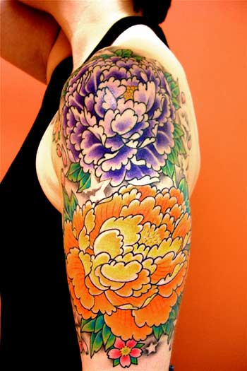 Awesome Japanese Peony Flowers Tattoo On Girl Left Half Sleeve