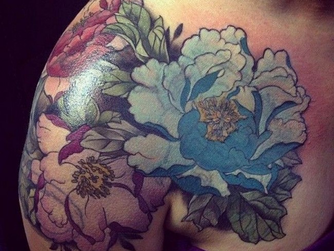 Awesome Japanese Peony Flowers Tattoo On Right Shoulder