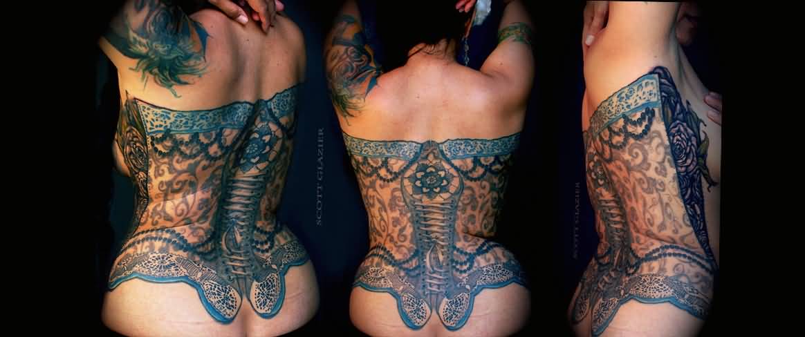 Awesome Lace Corset Tattoo On Women Full Back