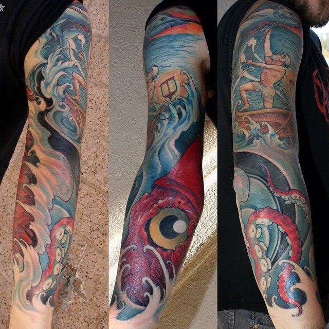 Awesome Octopus Tattoo On Right Full Sleeve By Jeff Norton