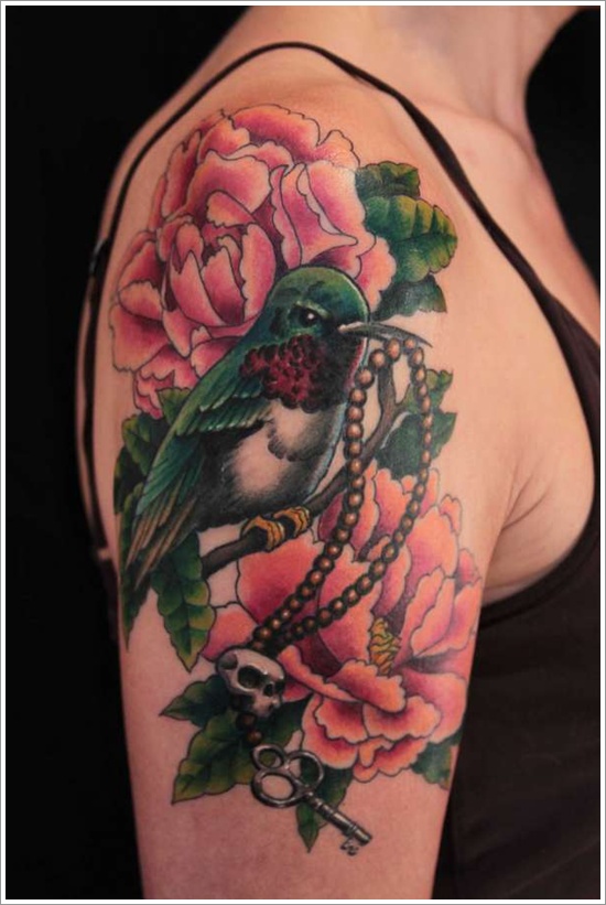 Awesome Peony Flowers With Bird Tattoo On Right Half Sleeve