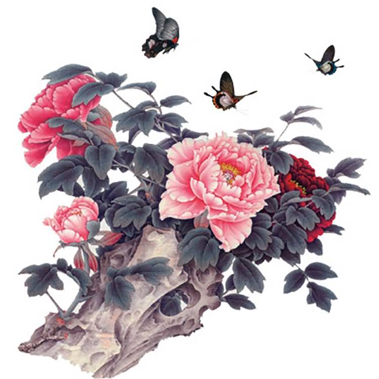 Awesome Peony Flowers With Flying Butterflies Tattoo Design
