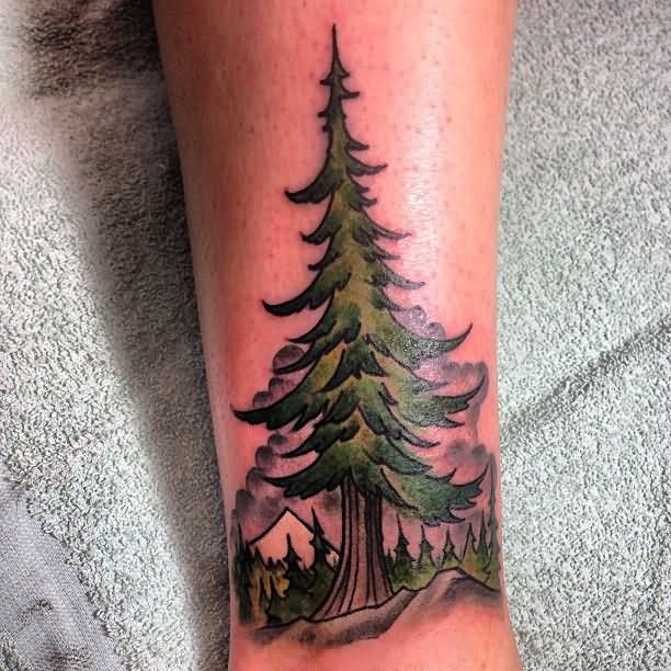 Awesome Pine Tree Tattoo Design For Leg