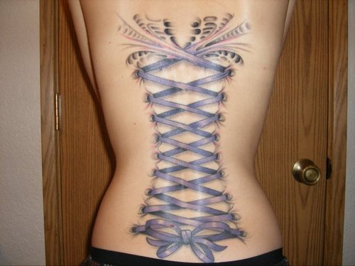 Awesome Purple Ink Corset With Bow Tattoo On Full Back
