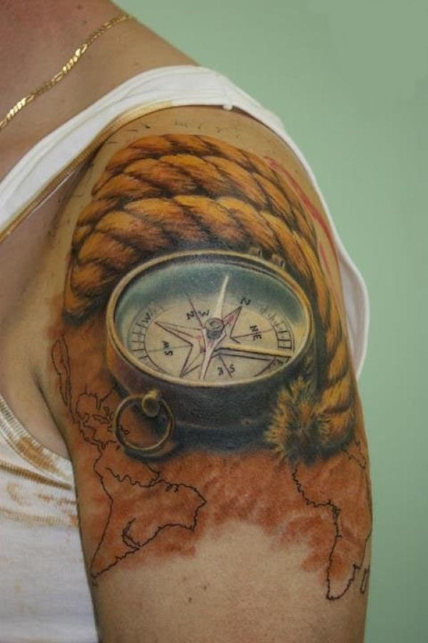 Awesome Realistic 3D Compass With Rope Tattoo On Left Shoulder