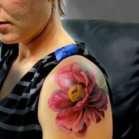 Awesome Realistic Peony Flower Tattoo On Women Left Shoulder