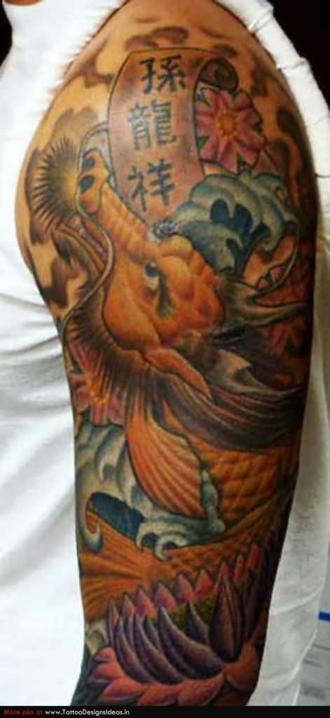 Awesome Traditional Dragon Tattoo On Left Half Sleeve