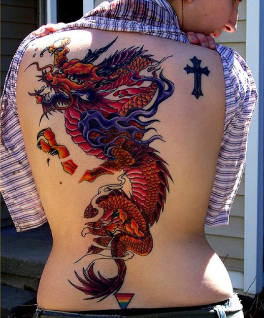 Awesome Traditional Dragon Tattoo On Women Full Back