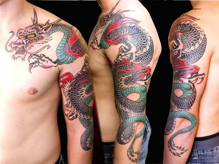 Awesome Traditional Japanese Dragon Tattoo On Man Left Half Sleeve