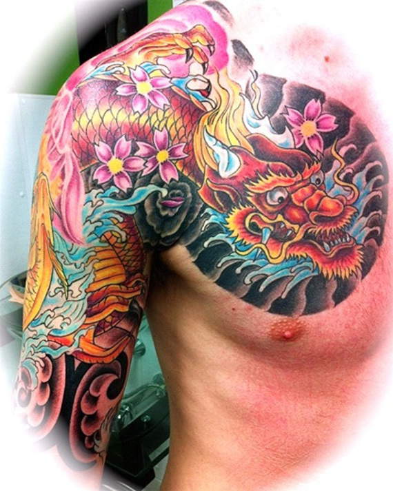 Awesome Traditional Japanese Dragon Tattoo On Man Right Half Sleeve