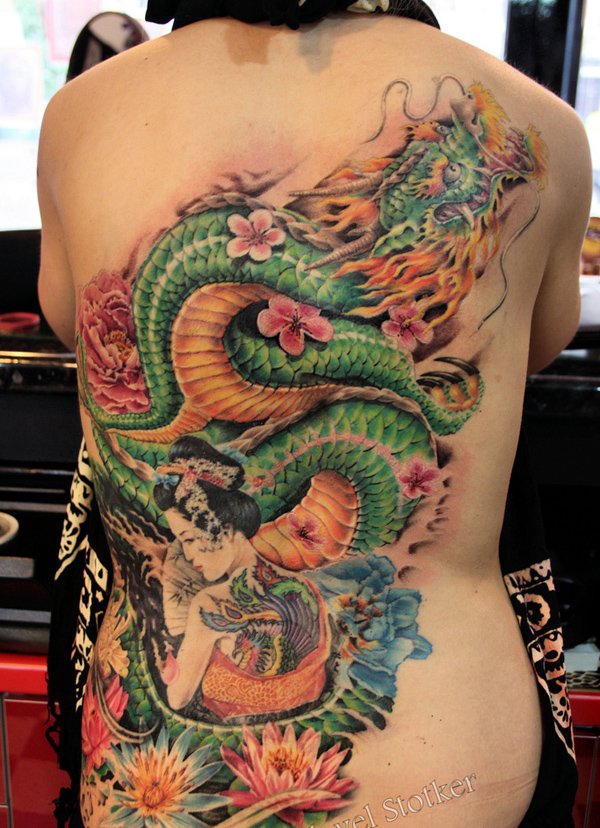 Awesome Traditional Japanese Dragon With Women Tattoo On Full Back
