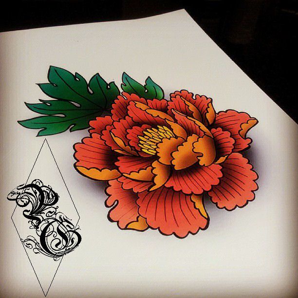 Awesome Traditional Peony Flower Tattoo Design