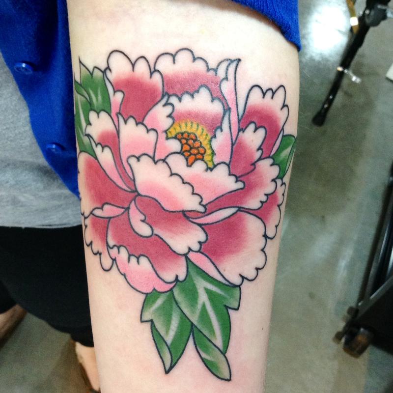 Awesome Traditional Peony Flower Tattoo On Half Sleeve