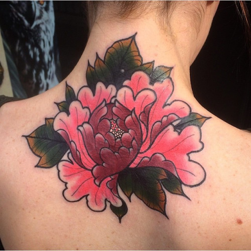 Awesome Traditional Peony Flower Tattoo On Women Upper Back