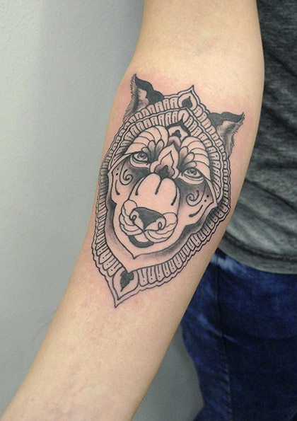 Aztec Mandala Wolf Tattoo On Forearm by Calum