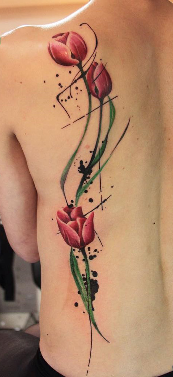Back Shoulder Red Tulip Tattoos For Men