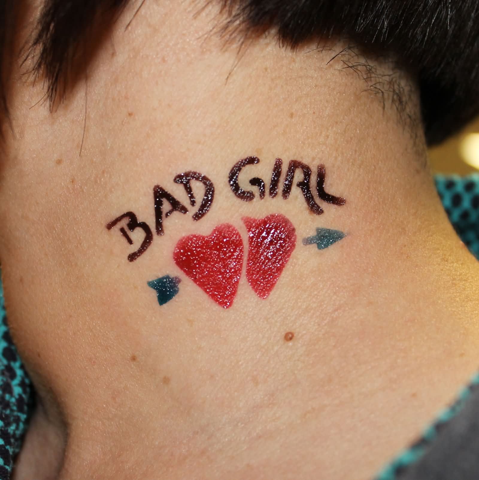 Bad Girl - Airbrush Arrow In Two Hearts Tattoo On Man Side Neck