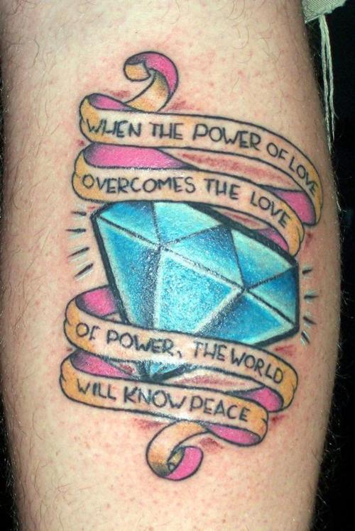 Banners And Blue Diamond Tattoo On Leg